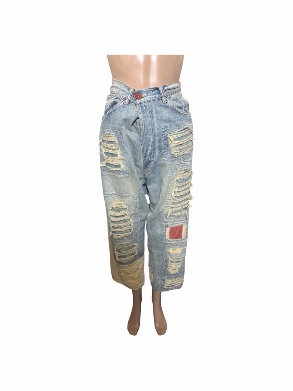 Magnolia Pearl Light Blue Distressed Cropped Patchwork Jeans